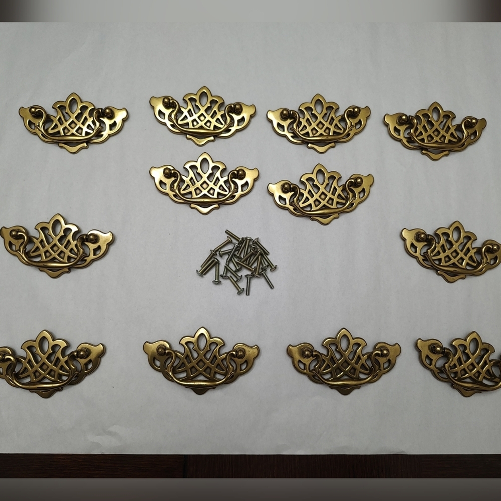 Vintage Brass Chippendale Bail Drawer Pull Flat Keeler (12) art nouveau W/Screws - Picture 11 of 11